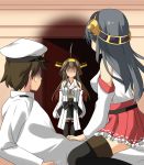  1boy 2girls admiral_(kantai_collection) ahoge bare_shoulders be_(o-hoho) black_hair brown_hair detached_sleeves empty_eyes hairband haruna_(kantai_collection) hat japanese_clothes kantai_collection kongou_(kantai_collection) long_hair multiple_girls nontraditional_miko personification skirt sweatdrop thighhighs walk-in yandere 