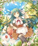 1girl 6u_(eternal_land) apple apron aqua_hair black_legwear blue_sky brown_dress butterfly_hair_ornament cat clipboard clouds dress food fruit gloves hair_ornament looking_at_viewer lying on_back original overgrown petals puffy_sleeves reflection short_sleeves sky smile solo thighhighs twintails waist_apron white_gloves yellow_eyes zettai_ryouiki 