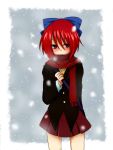  1girl adapted_costume bow expressionless hair_bow hikaru_(632498) red_eyes red_skirt redhead scarf sekibanki short_hair skirt snowing touhou 