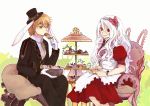  1boy 1girl alice_in_wonderland animal_ears blonde_hair bow bracelet broccoli_(arupuru) chair character_request copyright_request dress eating fake_animal_ears gloves green_eyes hair_bow hairband jewelry open_mouth rabbit_ears red_eyes sitting smile tagme white_hair 