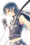  1girl belt blue_hair blurry brown_eyes cable choker depth_of_field highres idolmaster kisaragi_chihaya long_hair looking_at_viewer microphone parted_lips sleeveless solo white_background wristband yae_(mono110) 