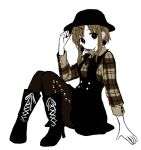 1girl anzu_(o6v6o) boots gumi hand_on_headwear hat looking_at_viewer monochrome pantyhose plaid short_hair simple_background solo vocaloid white_background 