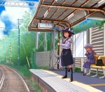  2girls bag bench blonde_hair blue_sky bow brown_eyes brown_hair clouds dress hat hat_bow highres juliet_sleeves long_hair long_sleeves looking_at_viewer maribel_hearn mob_cap multiple_girls necktie pantyhose power_lines puffy_sleeves purple_dress railroad_tracks real_world_location satou_yuuki shirt sitting skirt sky standing tokyo_(city) touhou train_station tree usami_renko v_arms very_long_hair yellow_eyes 