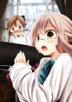  2girls akigumo_(kantai_collection) blush brown_eyes brown_hair drawing eating glasses hair_ornament kantai_collection kurona long_hair long_sleeves makigumo_(kantai_collection) makizushi multiple_girls open_mouth personification ponytail ribbon school_uniform skirt sleeves_past_wrists smile sushi vest 