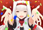  1girl :d bust confetti hairband idolmaster long_hair open_mouth outstretched_arms red_background red_eyes scarf shijou_takane short_sleeves silver_hair smile solo tasiros 