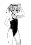  1girl check_translation competition_swimsuit goggles goggles_on_head kantai_collection monochrome na_mizuumi one-piece_swimsuit shiranui_(kantai_collection) short_hair standing swimsuit translated twintails wet 