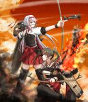  2girls aa_gun airplane archery battle blush boots bow_(weapon) damaged fire flight_deck grey_hair hair_ribbon hairband highres japanese_clothes k.k kantai_collection kyuudou long_hair multiple_girls muneate open_mouth personification ribbon shoukaku_(kantai_collection) silver_hair skirt smoke sunset thigh-highs thigh_boots twintails weapon yugake zuikaku_(kantai_collection) 