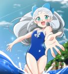  1girl :d battle_spirits battle_spirits:_shounen_toppa_bashin blush body_blush bow foreshortening green_eyes hair_bow highres long_hair looking_at_viewer one-piece_swimsuit open_mouth outstretched_arms sagamimok sawaragi_kyouka silver_hair smile sparkle swimsuit wading 