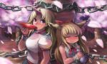  2girls blonde_hair blush chain cherry_blossoms closed_eyes gourd horns hoshiguma_yuugi ibuki_suika ichiba_youichi long_hair multiple_girls oni red_eyes smile touhou tree 