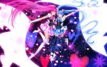 2girls ;d aino_megumi black_legwear blue_eyes blue_hair boots cape cure_lovely cure_princess flower happinesscharge_precure! heart high_heels highres magical_girl multiple_girls open_mouth pink_eyes pink_hair ponytail precure shirayuki_hime skirt smile swordsouls thigh_boots thighhighs twintails white_legwear wink 
