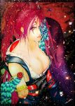 amputee baiken bracelet breasts cleavage guilty_gear japanese_clothes jewelry kimono large_breasts lips looking_at_viewer one-eyed pink_eyes pink_hair spiked_bracelet spikes 