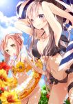  218 2girls armpits arms_up bikini breasts brown_hair cleavage clouds flower green_eyes innertube jewelry long_hair looking_at_viewer mouth_hold multiple_girls necklace original short_hair silver_hair smile sun sunflower swimsuit towel violet_eyes wet 