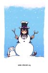  1girl :3 akemi_homura black_hair bomb hat kyubey long_hair mahou_shoujo_madoka_magica silverxp snow snowman tagme violet_eyes weapon 
