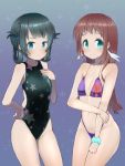  2girls bikini black_hair black_swimsuit blue_eyes blush brown_hair competition_swimsuit flag_print folded_hair hair_rings hand_on_own_chest highleg highleg_bikini highleg_swimsuit long_hair mukaido_manaka multiple_girls nagi_no_asukara navel one-piece_swimsuit print_bikini print_swimsuit scrunchie shiodome_miuna smile sparkle star_print swimsuit tamatama_(nekokalpis) twintails union_jack 