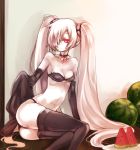  1girl aki_(o2x_x2o) elbow_gloves food fruit gloves hair_over_one_eye heart jewelry kantai_collection lock long_hair navel necklace pale_skin personification red_eyes shinkaisei-kan sitting solo southern_ocean_oni star thigh-highs twintails very_long_hair watermelon white_hair 