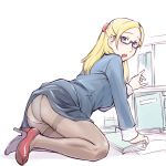  1girl :o all_fours ass baker_(gundam_bf) blonde_hair blue_eyes crotch_seam gundam gundam_build_fighters high_heels long_hair looking_at_viewer looking_back panties panties_under_pantyhose pantyhose solo thighband_pantyhose ueyama_michirou underwear 