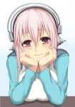  1girl blush breasts deni_m hands_on_own_cheeks hands_on_own_face headphones large_breasts long_hair looking_at_viewer nitroplus pink_eyes pink_hair smile solo super_sonico 