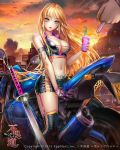 1girl armband blonde_hair blue_eyes breasts cigarette cleavage crop_top cup earrings facial_mark furyou_michi_~gang_road~ garter_straps jewelry large_breasts long_hair midriff motor_vehicle motorcycle navel official_art shadowgrave shorts single_glove smile solo_focus sword thighhighs vehicle weapon 