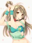  1girl adjusting_hair blush breasts brown_eyes brown_hair character_name cleavage hair_tie long_hair looking_at_viewer love_live!_school_idol_project minami_kotori mouth_hold navel peko simple_background smile solo tying_hair white_background 