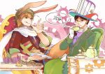  2boys :q alice_in_wonderland animal_ears blonde_hair broccoli_(arupuru) brown_hair chair character_request copyright_request fake_animal_ears food food_on_face gears gloves green_eyes hat looking_at_viewer male monocle multiple_boys rabbit_ears sitting smile tagme teapot tongue top_hat translation_request 