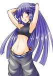  1girl akatsuki_(log_horizon) arm_up armpits bare_shoulders log_horizon long_hair nekoi_hikaru pants ponytail purple_hair simple_background solo violet_eyes white_background 