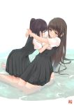  2girls arms_around_neck bangs barefoot black_hair blush brown_eyes brown_hair buttons closed_mouth eye_contact hand_on_another&#039;s_cheek hand_on_another&#039;s_face highres hug kneeling long_hair long_sleeves looking_at_another multiple_girls okiru original partially_submerged pleated_skirt puffy_sleeves school_uniform short_sleeves skirt swept_bangs twintails water watermark wet wet_clothes yuri 