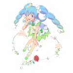  1girl alternate_form anklet blue_eyes blue_hair cure_princess earrings flower green_skirt hair_flower hair_ornament happinesscharge_precure! highres jewelry kotobukidaifuku long_hair macadamia_hula_dance magical_girl oekaki precure red_rose rose shirayuki_hime shoes skirt smile solo twintails two_side_up white_background 