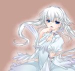  1girl blue_dress blue_eyes breasts cleavage collar detached_sleeves dress fang jacket koyashaka long_hair personification pokemon puffy_sleeves reshiram short_sleeves smile solo white_hair 