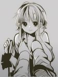  1girl anzu_(o6v6o) gumi looking_at_viewer monochrome simple_background smile solo vocaloid 