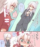  2girls @_@ adjusting_clothes adjusting_tie blue_eyes blush formal hair_over_one_eye long_hair mishima_kurone multiple_girls necktie open_mouth original pant_suit red_eyes suit translated wavy_mouth white_hair 