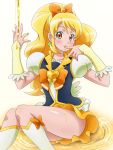  1girl blonde_hair blush boots bow brooch cure_honey earrings hair_bow happinesscharge_precure! highres honey jewelry knee_boots long_hair magical_girl mameshiba object_namesake oomori_yuuko orange_eyes orange_skirt pouring precure puffy_sleeves ribbon sitting skirt solo tasting white_background 