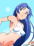  1girl :&lt; armlet bare_shoulders bikini blue_hair brown_eyes highres idolmaster jewelry kisaragi_chihaya long_hair mound_of_venus natsumi_hajime navel necklace small_breasts solo swimsuit white_bikini white_swimsuit 