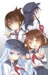  &gt;:d 4girls :d akatsuki_(kantai_collection) black_hair blue_eyes blush brown_eyes brown_hair fang flat_cap folded_ponytail hair_ornament hairclip hat hibiki_(kantai_collection) ikazuchi_(kantai_collection) inazuma_(kantai_collection) kantai_collection long_hair multiple_girls open_mouth personification saru school_uniform serafuku short_hair silver_hair skirt smile socks v 