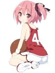  1girl 3: basketball basketball_uniform blush clothes_writing gym_shorts hair_ribbon jpeg_artifacts looking_back minato_tomoka peko pink_hair ribbon rou-kyuu-bu! shoes side_ponytail simple_background socks solo sportswear strap_slip violet_eyes white_background white_legwear 