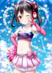  1girl \m/ black_hair blush bow cheerleader clouds collarbone confetti crop_top elbow_gloves english fang fingerless_gloves gloves hair_bow hand_on_hip headset love_live!_school_idol_project midriff miniskirt morerin navel pink_gloves pleated_skirt polka_dot_skirt pom_poms red_eyes shirt skirt smile solo star tank_top twintails wink yazawa_nico 