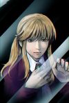  against_glass androgynous blonde_hair cravat fourth_wall grey_eyes hand_on_own_chest ponytail realistic solo umineko_no_naku_koro_ni ushiromiya_lion yuuta_(ruin0811) 