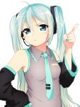  1girl blush_stickers detached_sleeves eventh7 green_eyes green_hair hand_on_hip hatsune_miku headset long_hair nail_polish necktie pointing solo twintails vocaloid white_background 