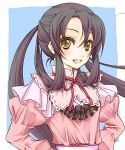  1girl angelica_derleth ascot black_hair blue_background hair_rings hands_on_hips juliet_sleeves long_hair long_sleeves lowres puffy_sleeves sakurairyouka shikkoku_no_sharnoth smile solo twintails yellow_eyes 