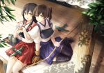  2girls airplane akagi_(kantai_collection) black_legwear brown_eyes brown_hair dango fairy_(kantai_collection) food green_tea heart japanese_clothes kaga_(kantai_collection) kantai_collection long_hair multiple_girls muneate open_mouth personification short_hair side_ponytail smile tendou_itsuki thigh-highs wagashi white_legwear yellow_eyes yuri zettai_ryouiki 