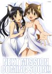  2girls absurdres animal_ears black_hair blush brown_eyes brown_hair dress hattori_shizuka highres long_hair microphone miyafuji_yoshika multiple_girls nyantype official_art open_mouth outstretched_arm ponytail satou_michio scan strike_witches sundress tail 