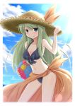  1girl ball beachball bikini green_eyes green_hair hand_on_headwear hat jun_(ipup) long_hair original sarong solo straw_hat sun_hat swimsuit 