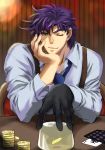  1boy black_hair card chin_rest coin green_eyes jojo_no_kimyou_na_bouken joseph_joestar_(young) looking_at_viewer necktie playing_card purple_hair saoyou single_glove solo suspenders wink 