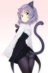  1girl animal_ears ass black_legwear cat_ears cat_tail fingernails from_behind gradient gradient_background green_eyes grey_hair long_fingernails looking_at_viewer looking_back pantyhose pleated_skirt sanya_v_litvyak short_hair simple_background skirt sleeves_past_wrists smile solo strike_witches tail zizi_(zz22) 