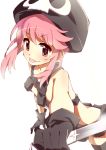  1girl :p alternate_costume armpit_holster belt black_gloves boots dagger gloves gyahu hat highres holster jakuzure_nonon kill_la_kill knife nudist_beach_uniform payot pink_eyes pink_hair reverse_grip skull_print solo spoilers thigh_boots thighhighs tongue tongue_out utility_belt weapon 