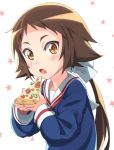  1girl blush brown_eyes brown_hair eating food food_on_face highres long_hair looking_at_viewer michairu mikakunin_de_shinkoukei mitsumine_mashiro open_mouth pizza ponytail school_uniform solo star starry_background yellow_eyes 