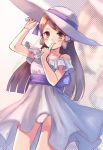  1girl adjusting_clothes adjusting_hat brown_eyes brown_hair dress finger_to_mouth hair_ribbon hat hat_ribbon lady_(pokemon) long_hair moe_(hamhamham) panties pantyshot pokemon pokemon_(game) pokemon_bw pokemon_bw2 ribbon sash smile solo underwear white_dress 