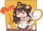  &gt;_&lt; 1girl ahoge breaking broken brown_hair chibi cup detached_sleeves double_bun english hairband hao_(patinnko) highres japanese_clothes kantai_collection kongou_(kantai_collection) long_hair open_mouth personification profanity ribbon-trimmed_sleeves ribbon_trim saucer solo spilling teacup teapot wavy_mouth 