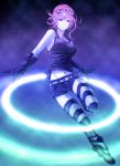  1girl alternate_hair_color belly_peek belt boots breasts denim denim_shorts elbow_gloves gloves goggles goggles_on_head gumi highres mstm navel payot pink_hair shorts sideboob solo striped striped_legwear tank_top thighhighs violet_eyes vocaloid zettai_ryouiki 