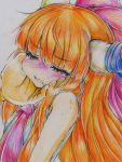  1girl absurdres blush bow colored_pencil hair_bow hand_on_another&#039;s_cheek hand_on_another&#039;s_face highres horns ibuki_suika long_hair nichibotsu_(kitaziman) orange_hair pencil pout red_eyes solo_focus tears touhou 