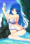  1girl :o bikini blue_eyes blue_hair blush breasts cleavage hair_ribbon highres long_hair looking_at_viewer mirakuru navel ocean original partially_submerged ribbon rock sitting solo striped striped_bikini striped_swimsuit swimsuit wariza water 